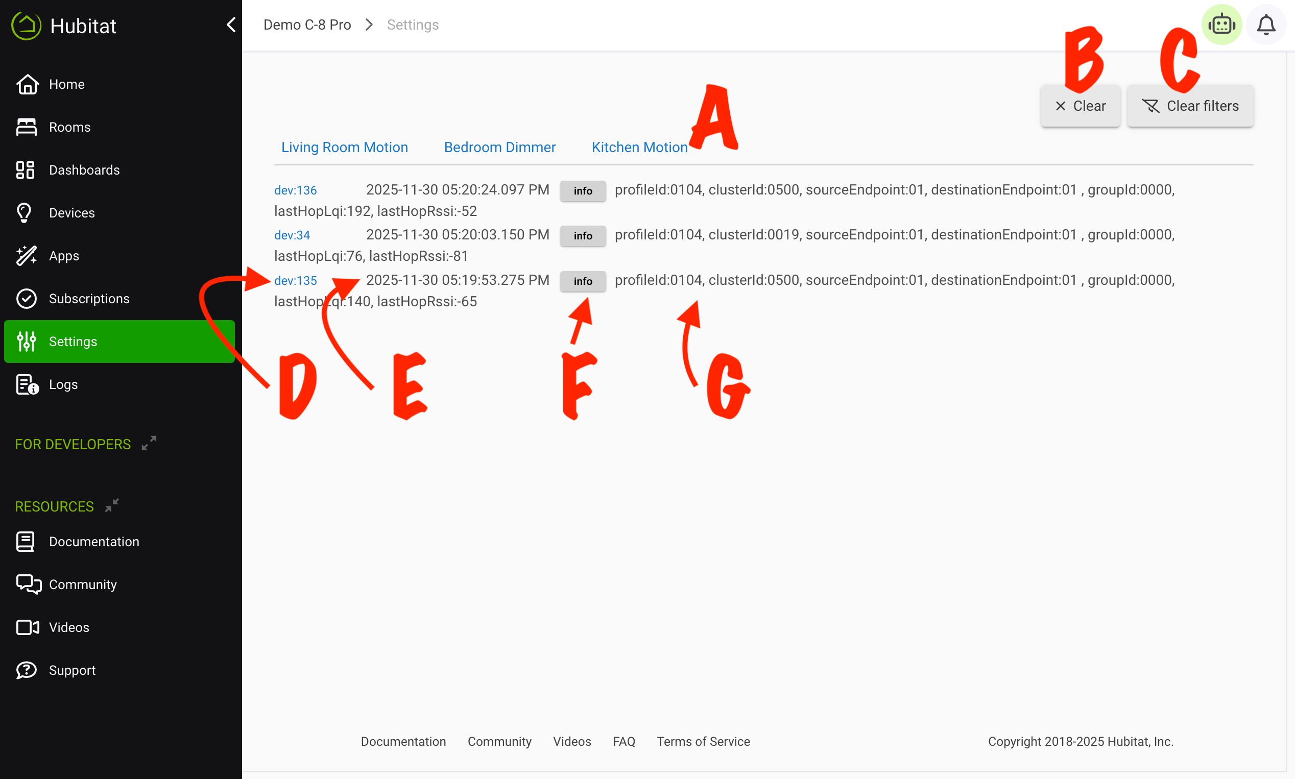 Screenshot: Zigbee Logs page with some entries